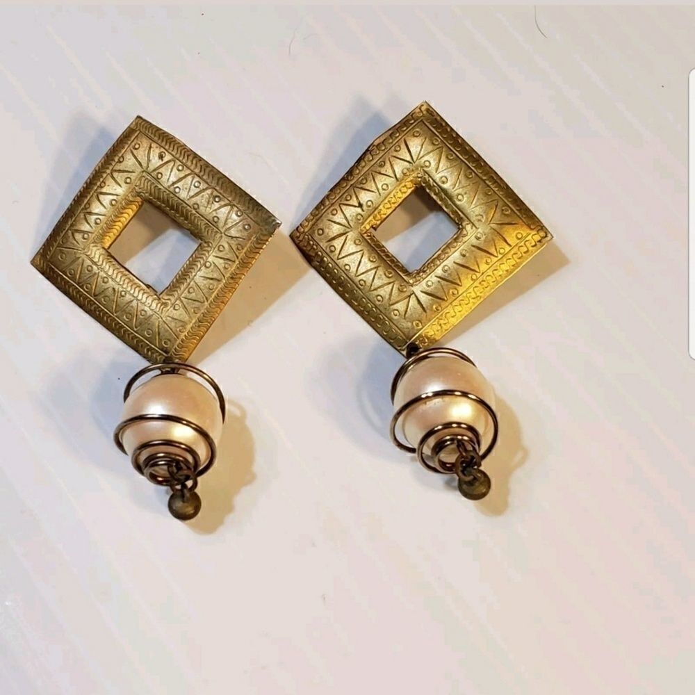 Vintage Etched Brass Pearl Dangle Pierced Earrings